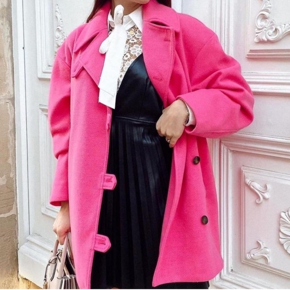 ZARA FUCHSIA PINK WOOL BLEND DOUBLE-BREASTED COAT SIZE S - Picture 2 of 13